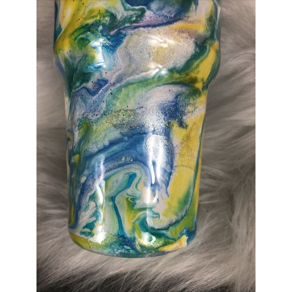 32 Ounce Tumbler Hand Painted Teal’s Blues Yellows Pearls & Glitter Lid Custom - Picture 6 of 16